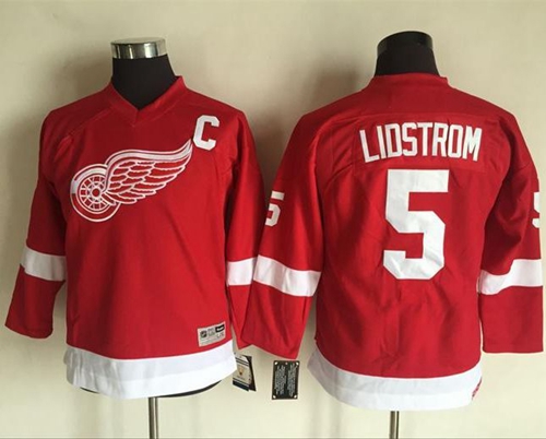 Red Wings #5 Nicklas Lidstrom Red CCM Throwback Stitched Youth NHL Jersey - Click Image to Close